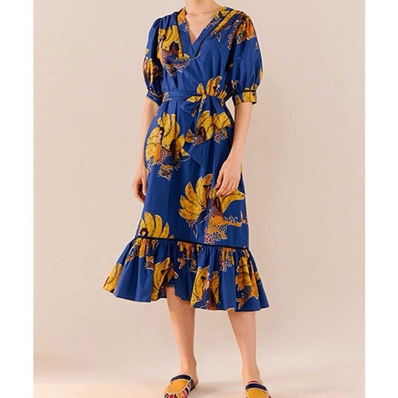 NWT FARM Rio Blue Mermaid Bananas Ankle Ruffle Dress Medium - Picture 2 of 6